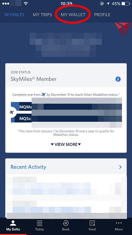 デルタ航空 アプリ ログイン後のマイページ